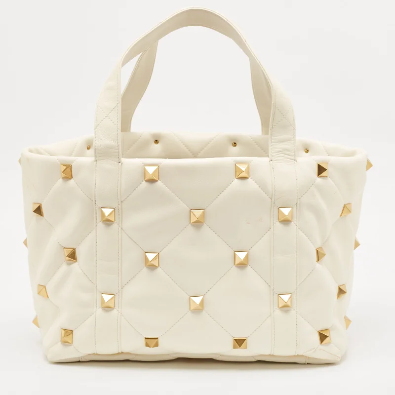 Handle bags with soft leather for luxury -Valentino Off White Leather Roman Stud Shopper Tote