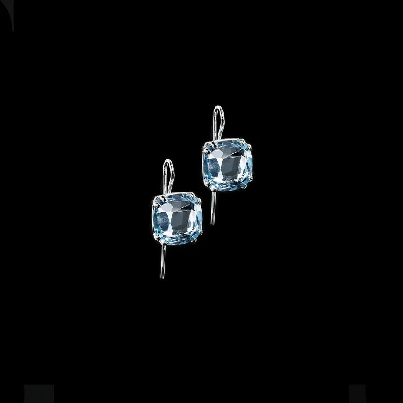 Drop Earrings for Fitness Activities -Blue Topaz Sterling Earrings, 12MM Cushion Cut