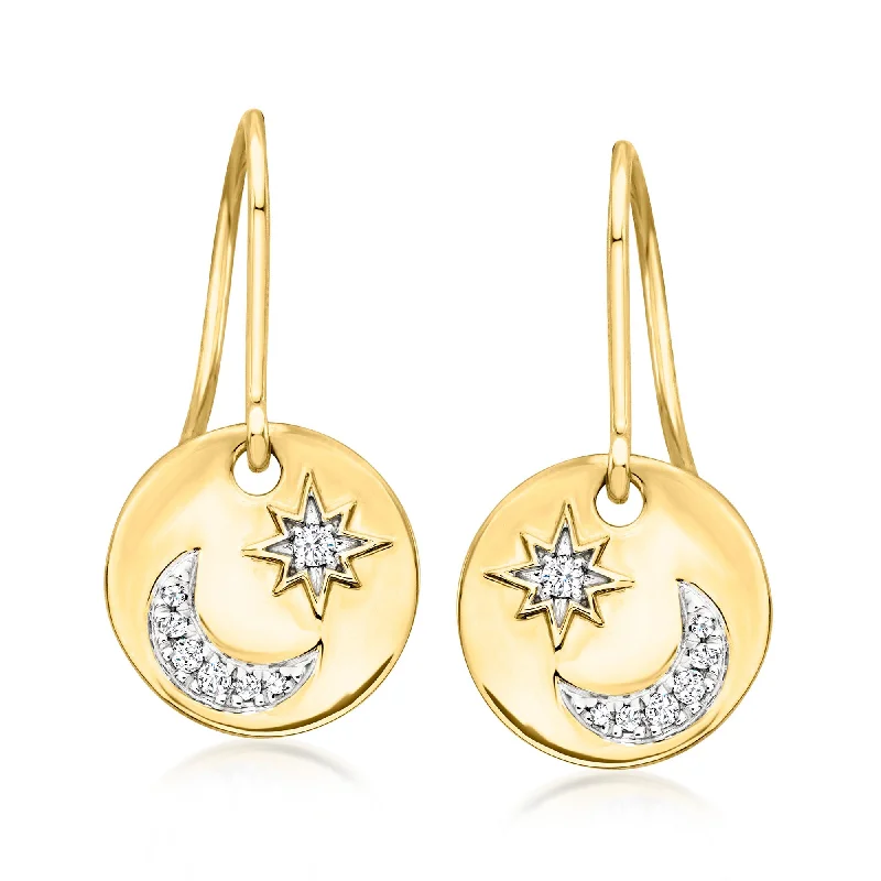 Drop Earrings with Debossed Designs -Ross-Simons Diamond Moon and Star Drop Earrings in 14kt Yellow Gold