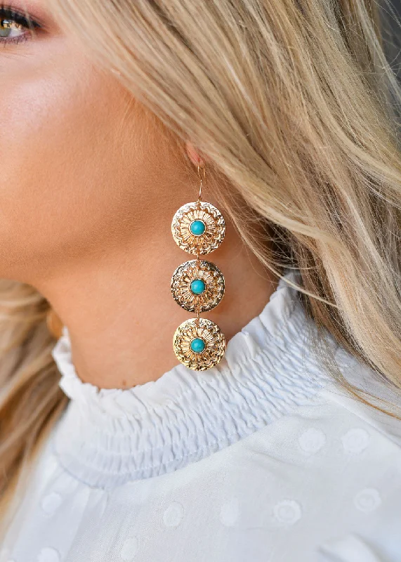 Retro Drop Earrings for Nostalgia -The Gold Three Tier Concho Earrings