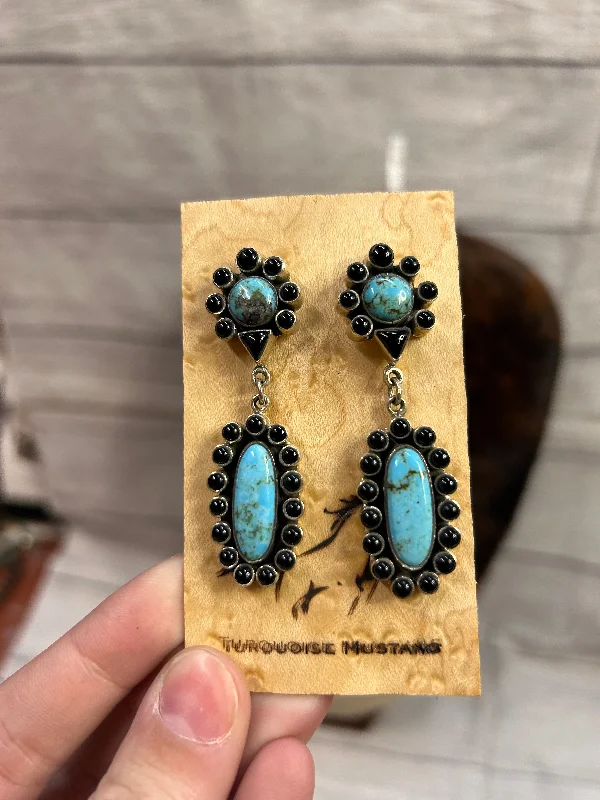 Drop Earrings with Wave Designs -Genuine Black Onyx and Turquoise Dangle Earrings