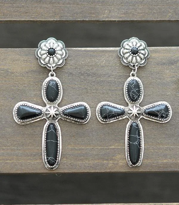 Hypoallergenic Drop Earrings for Sensitive -Black Stone Cross Earrings