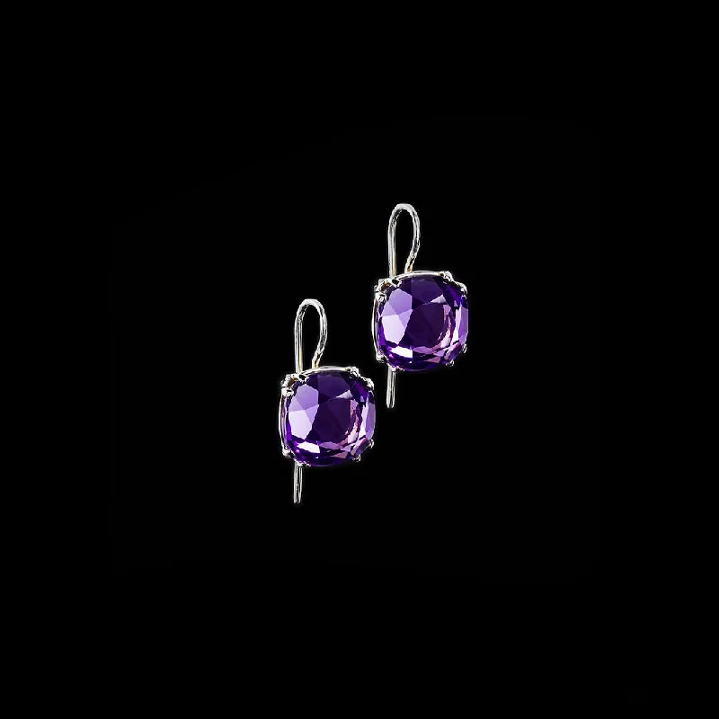 Drop Earrings with Symbolic Elements -Dark Amethyst Sterling Earrings, 12MM Cushion Cut