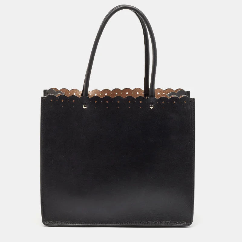 Handle bags with bright neons for visibility -Alaia Black Leather Scalloped Tote