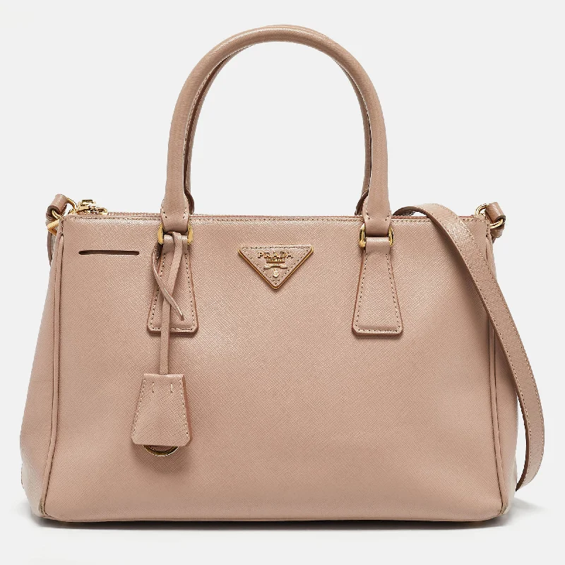 Handle bags with colorful handles for flair -Prada Old Rose Saffiano Leather Small Double Zip Tote