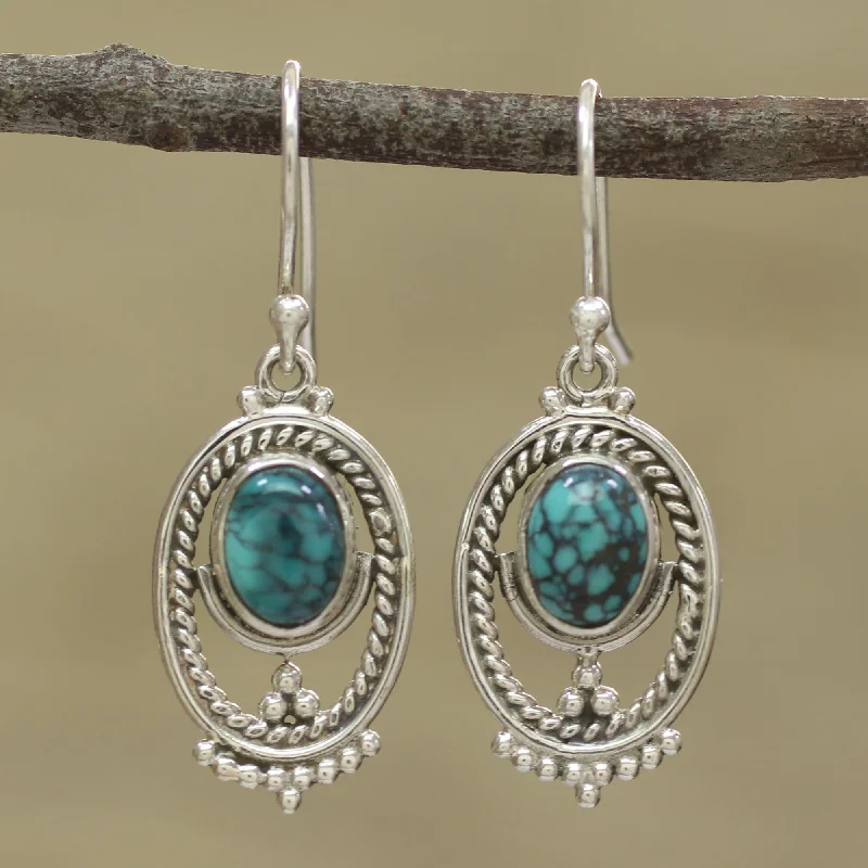 African Drop Earrings with Culture -Majestic Ovals Oval Silver and Composite Turquoise Earrings from India