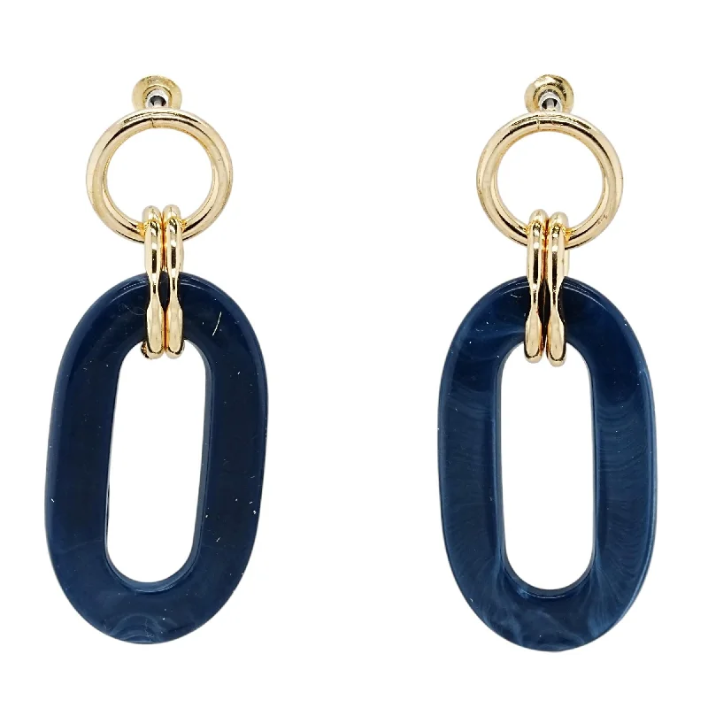 Drop Earrings with Crown Designs -Gold Tone With Navy Oval Dangle Earrings