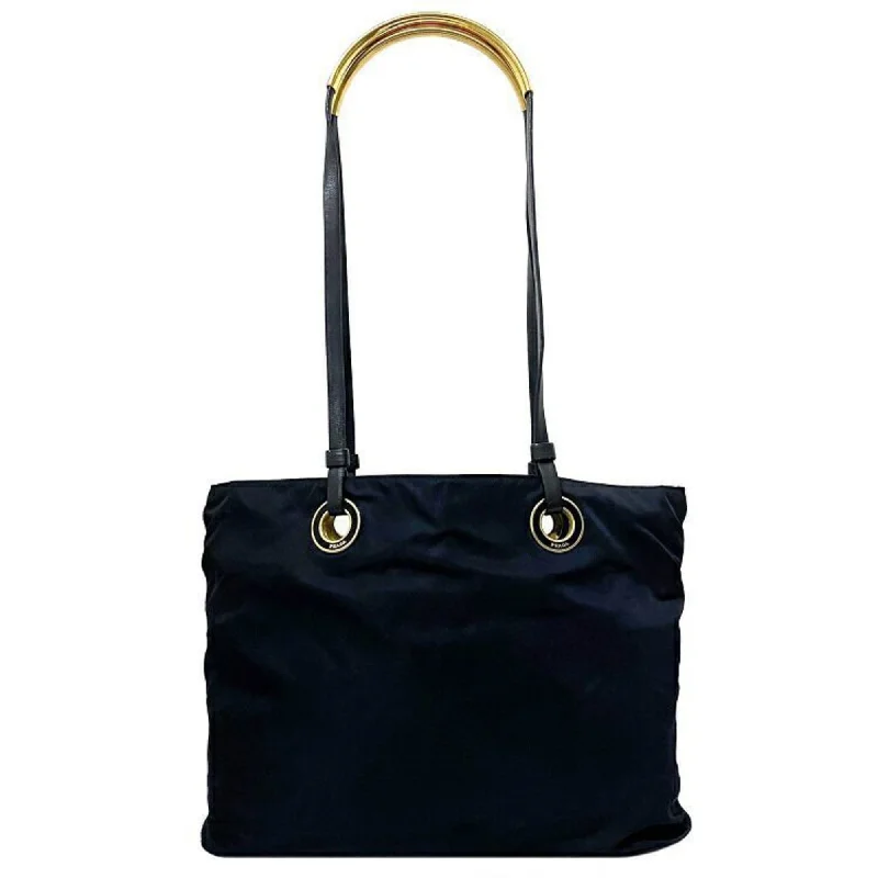 Handle bags with compact designs for portability -Prada  Navy Nylon Leather Tote Bag (Pre-Owned)