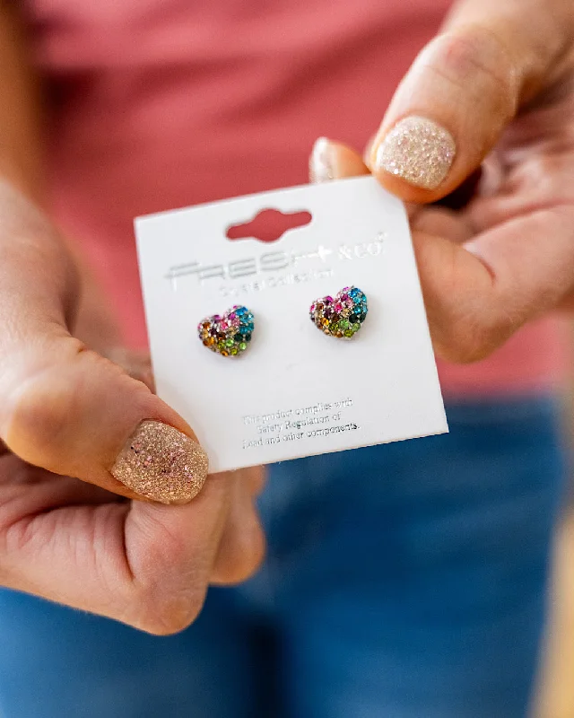 Drop Earrings for School Uniform -NEW! Multi Colored Rhinestone Puff Heart Earrings