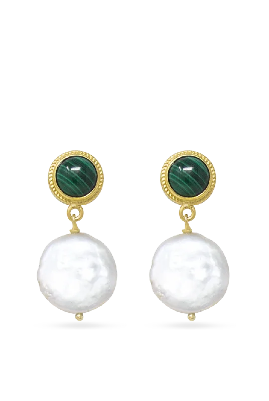 Drop Earrings for Wellness Routine -Gold-plated Malachite & Keshi Pearl Earrings