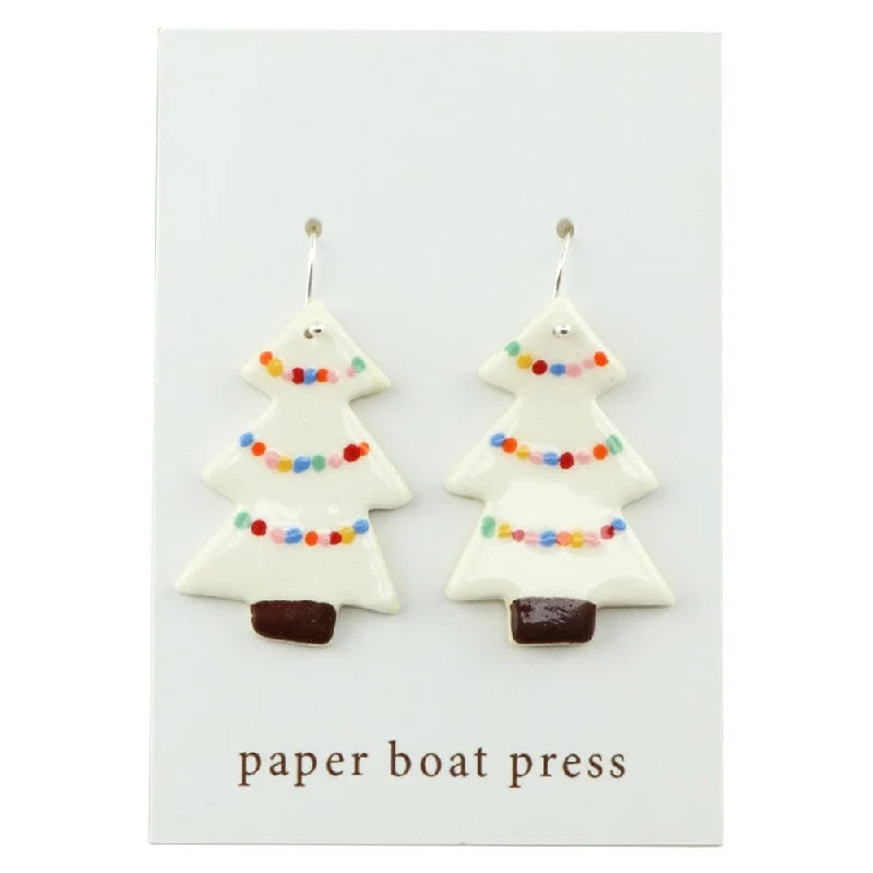 Large Drop Earrings for Statement -Paper Boat Press Christmas Tree Earrings - White