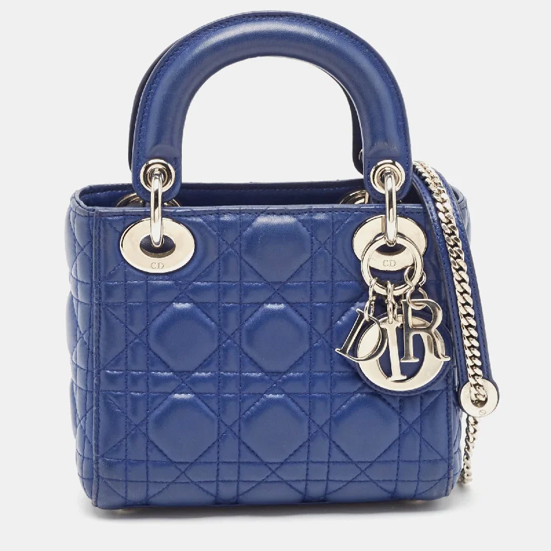 Handle bags with spacious interiors for storage -Dior Blue Cannage Leather Mini Lady Dior Tote