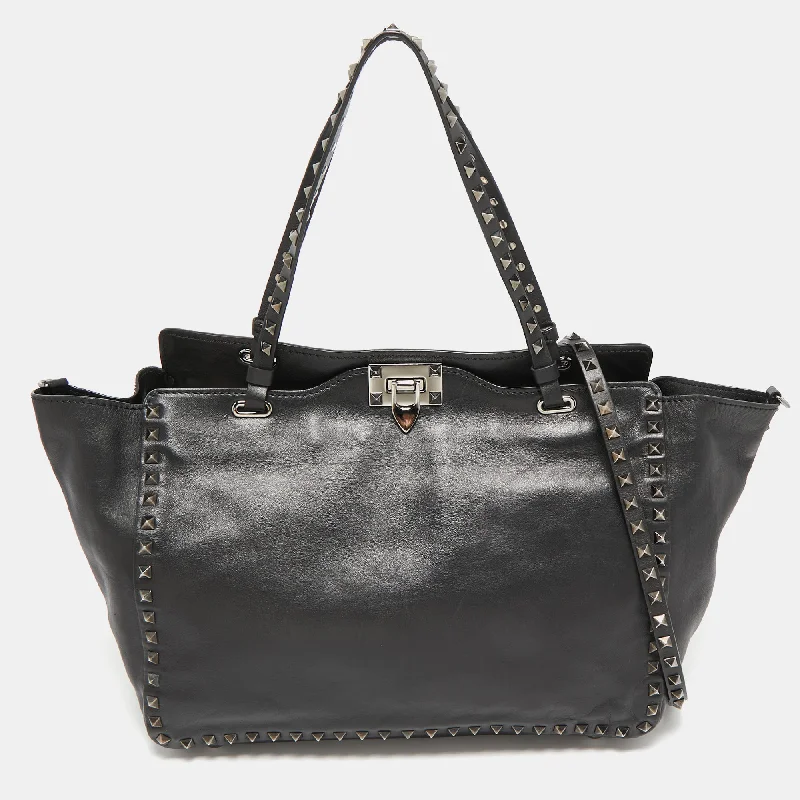 Handle bags with quilted leather for luxury -Valentino Black Leather Medium Rockstud Trapeze Tote