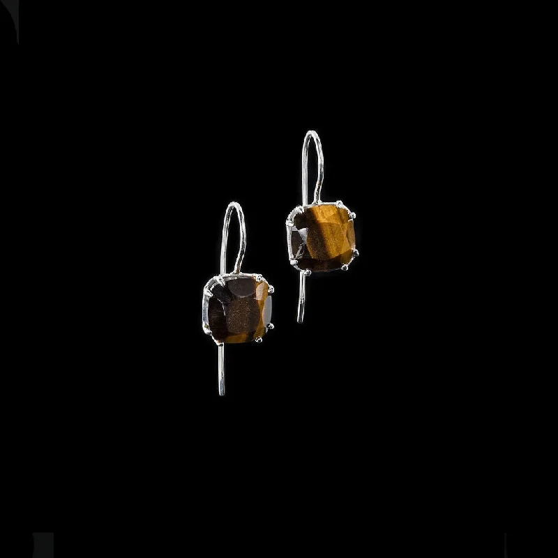 Diamond Drop Earrings for Luxury -Tiger Eye Sterling Earrings, 12MM Cushion Cut