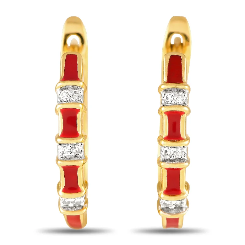 Pearl Drop Earrings for Elegance -Yellow Gold 0.05ct Diamond and Red Enamel Earrings ER28196