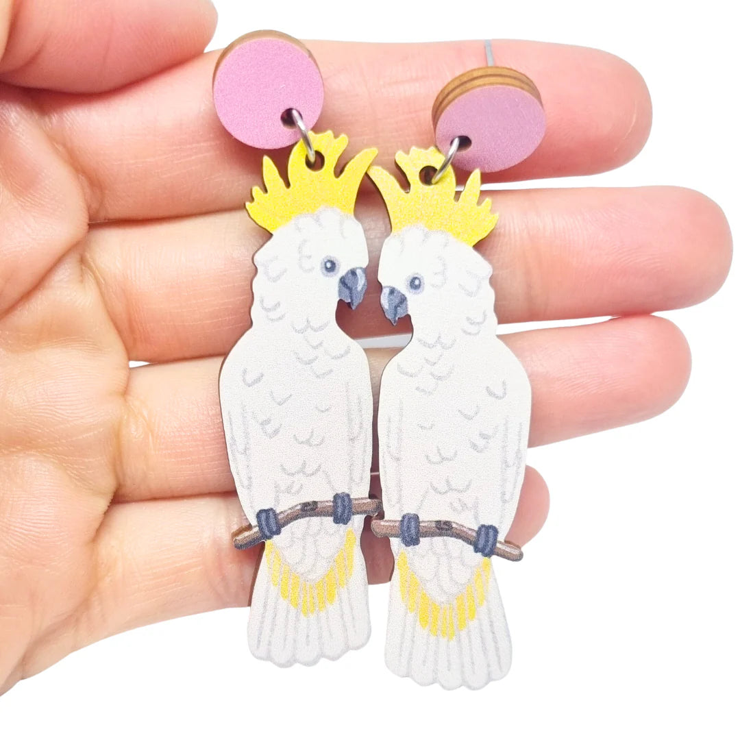 Gold Drop Earrings for Women -Pixie Nut and Co White Cockatoo Earrings