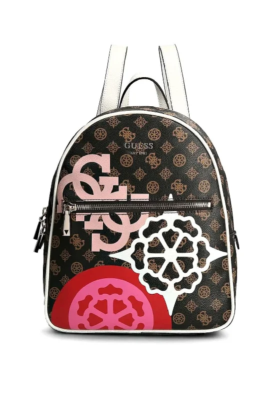 Fashionable canvas backpack for trendy college students -Guess Vikky 4G Logo Peony Backpack, Brown Multi