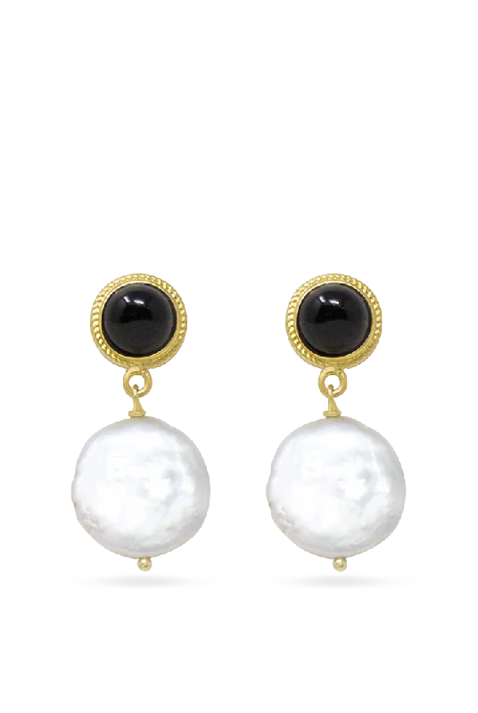 Drop Earrings for Casual Outfit -Gold-plated Onyx & Pearl Earrings