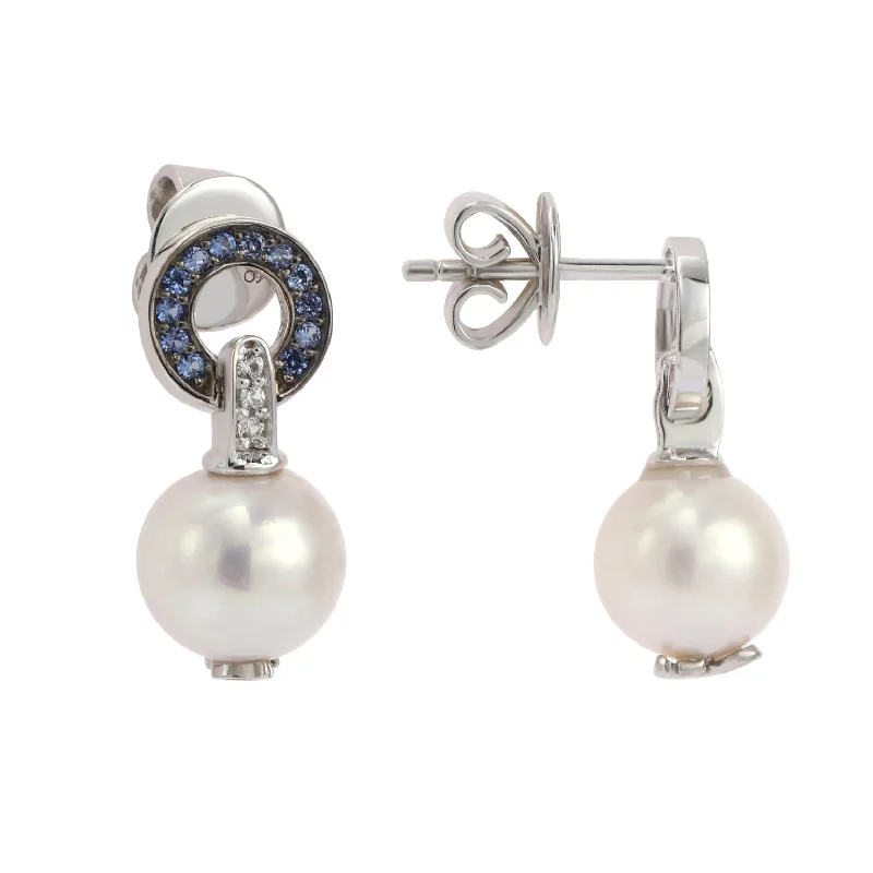 Drop Earrings for Valentine's Day -Suzy Levian Sterling Silver Pearl & Blue Sapphire Circle Earrings