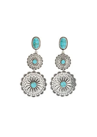 Indian Drop Earrings with Intricacy -Triple Tiered Silver and Turquoise Earrings