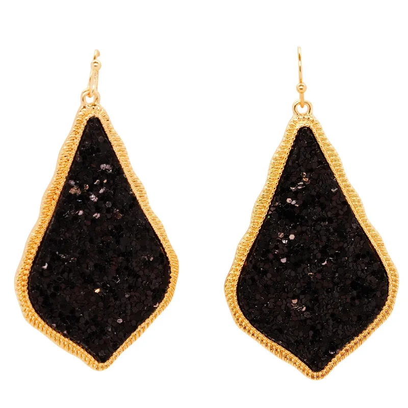 Rhinestone Drop Earrings for Sparkle -Gold Tone Frame Black Drusy Drop Earrings