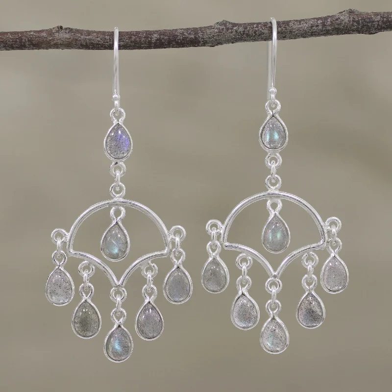 Hippie Drop Earrings with Beads -Majestic Raindrops Labradorite and Silver Chandelier Earrings from India