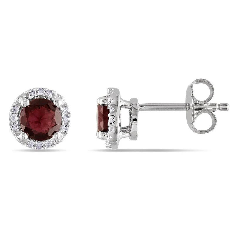 Nickel Free Drop Earrings for Safety -Miadora Sterling Silver Garnet and Diamond Accent Halo Earrings