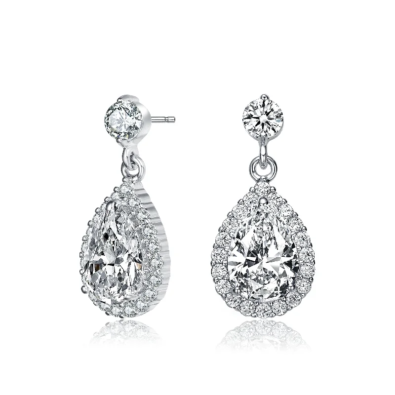 Oval Drop Earrings for Grace -GENEVIVE Sterling Silver Cubic Zirconia Halo Teardrop Earrings