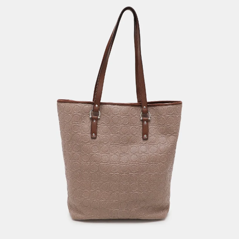 Handle bags with sleek hardware for sophistication -Salvatore Ferragamo Beige Monogram Leather Tote