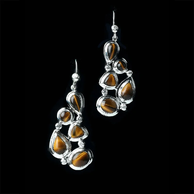 Drop Earrings for Mother's Day -Tiger Eye & Diamond Sterling Drop Earrings, Mosaic 5 Stone