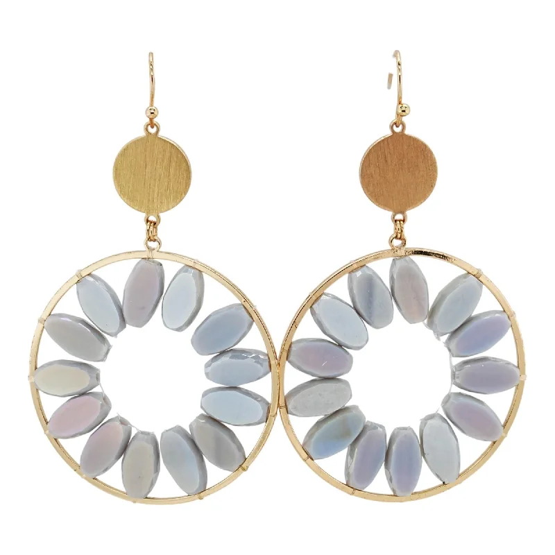 Large Drop Earrings for Statement -Gold Tone Gray Flower Circle Dangle Earrings