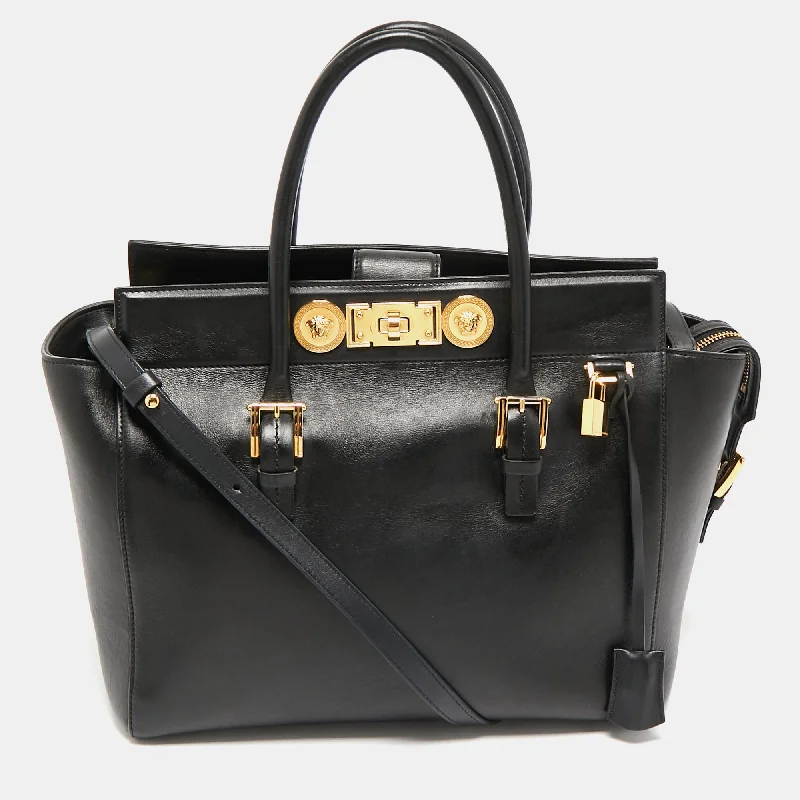 Handle bags with sturdy canvas for longevity -Versace Black Leather Medusa Tote