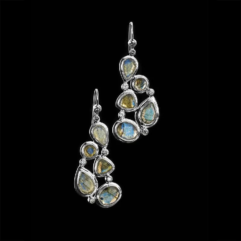 Drop Earrings for Graduation Day -Labradorite & Diamond Sterling 5 Stone Mosaic Earrings