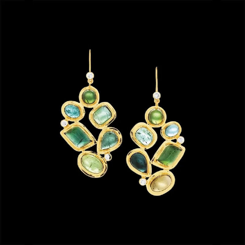 Drop Earrings for Shopping Trip -Green Tourmaline & Diamond 18K Gold Drop Earrings, Mosaic 6 Stone