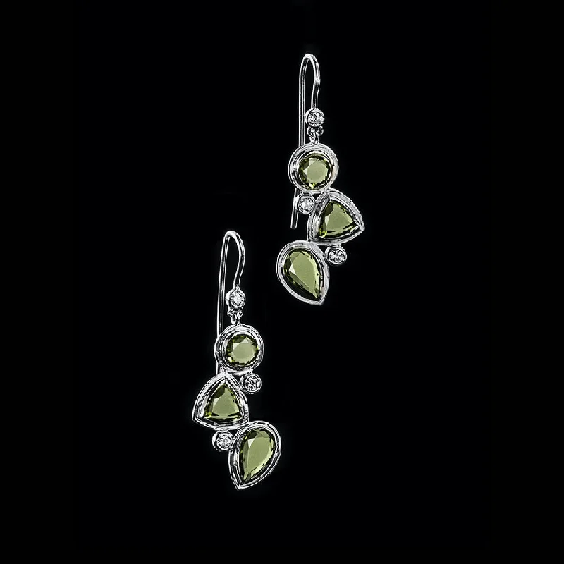 Waterproof Drop Earrings for Outdoor -Peridot & Diamond Sterling Drop Earrings, Mosaic 3 Stone