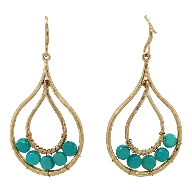 Drop Earrings with Chevron Designs -Gold Tone With Teal Beads Dangle Earrings