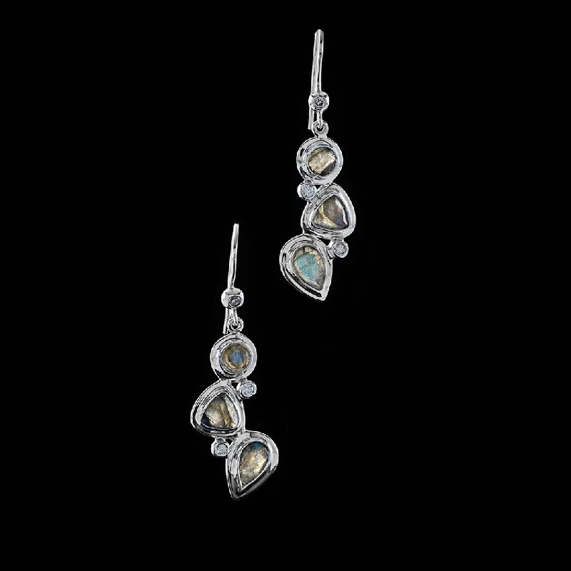 Lead Free Drop Earrings for Health -Labradorite & Diamond Sterling Drop Earrings, Mosaic 3 Stone