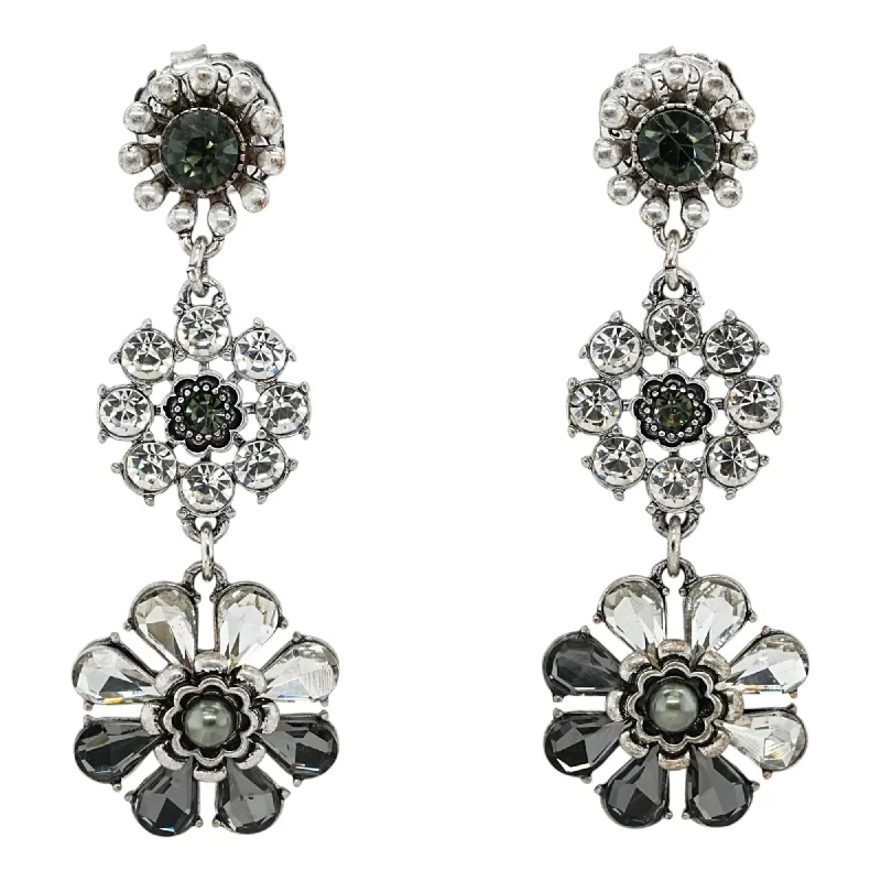 Studded Drop Earrings with Gemstones -Silver Tone Triple Flower Crystal Dangle Earrings