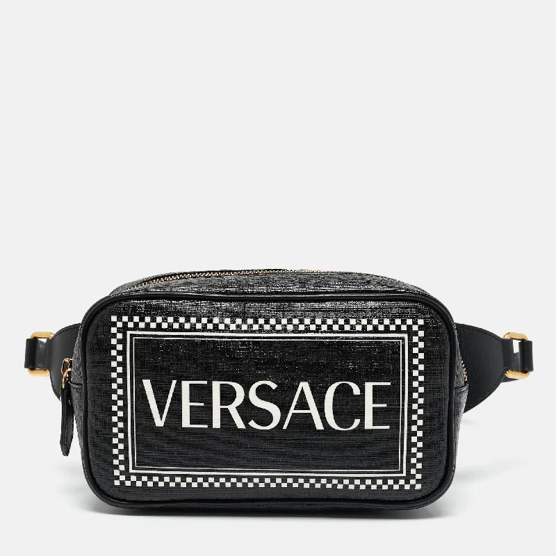 Handle bags with sturdy bases for stability -Versace Black Leather Logo Print Belt Bag