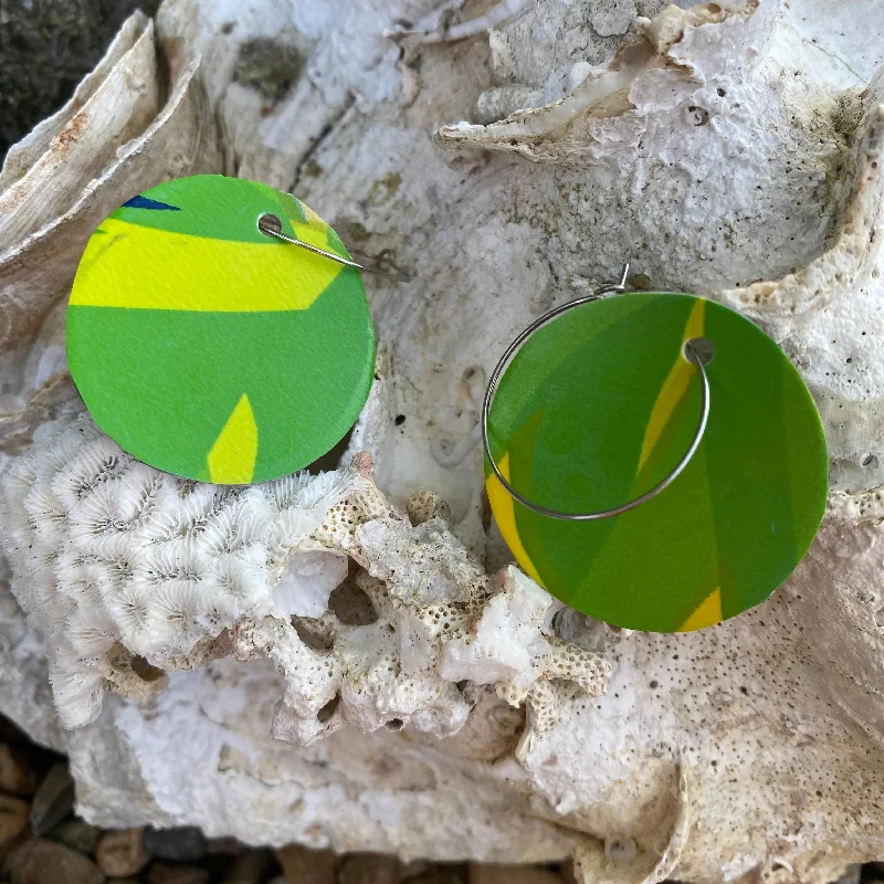 Green & Yellow flakes Circle hoop earrings - recycled pool inflatables