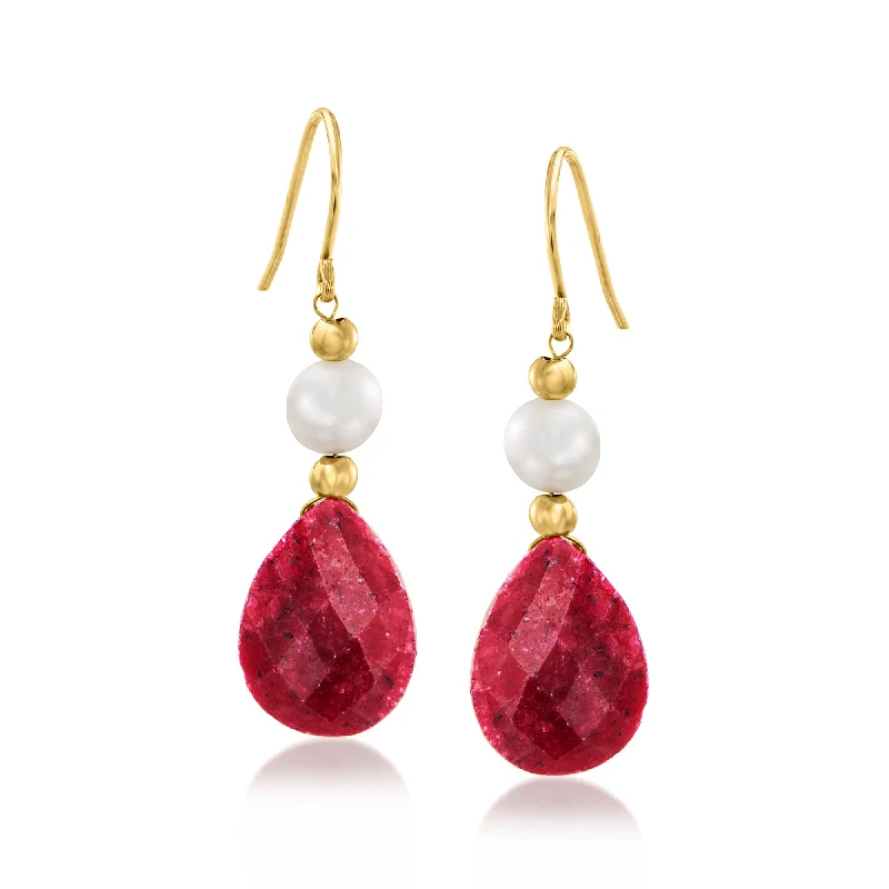 Drop Earrings with Hammered Finish -Ross-Simons Ruby and Cultured Pearl Earrings in 14kt Yellow Gold