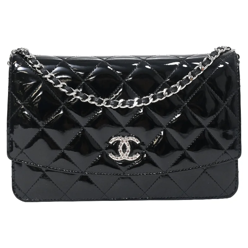 Handle bags with hidden pockets for security -Chanel Quilted Brilliant Wallet On Chain in Black Patent Leather