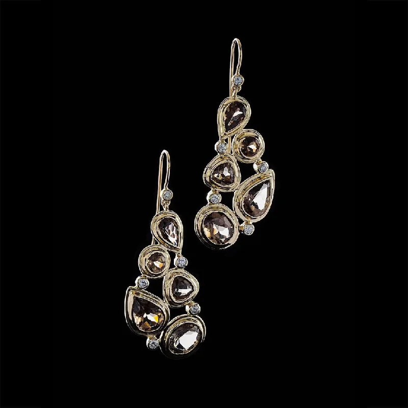 Drop Earrings for Beach Outfit -Smokey Topaz & Diamond 18K Gold Drop Earrings, Mosaic 5 Stone