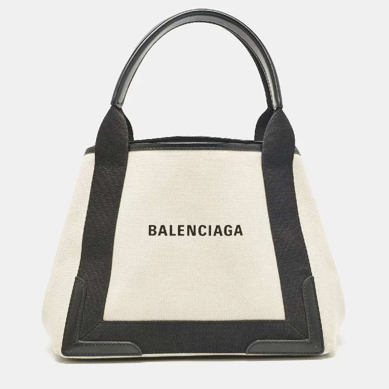 Handle bags with detachable pouches for versatility -Balenciaga Black/off White Canvas And Leather Small Cabas Tote