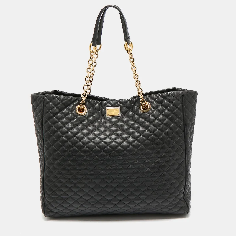 Handle bags with subtle embroidery for detail -Dolce & Gabbana Black Quilted Leather Chain Shopper Tote