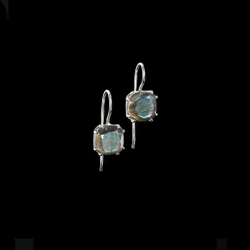 Drop Earrings with Infinity Symbols -Labradorite Sterling Earrings, 12MM Cushion Cut