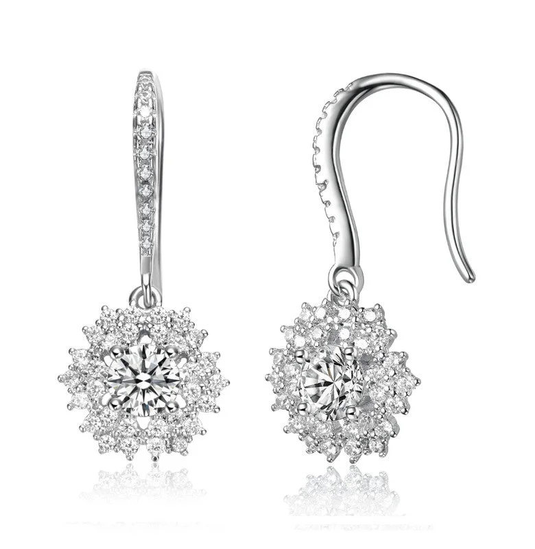 Contemporary Drop Earrings for Fashion -White Gold Plated with Cubic Zirconia Snowflake Cluster Drop Earrings with Wire Hooks