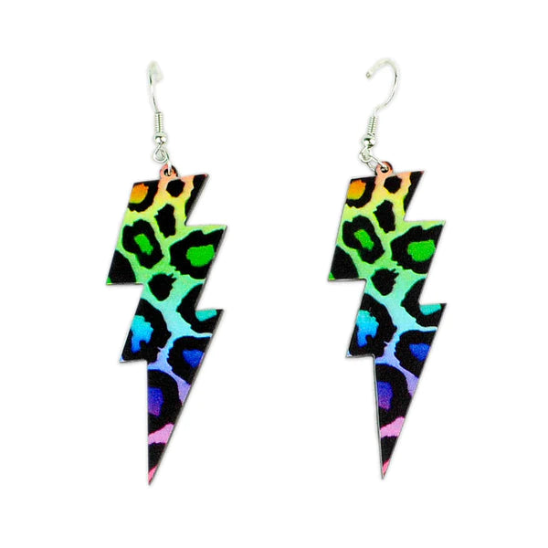 Drop Earrings for Valentine's Day -Rainbow Cheetah Lighting Bolt Earrings