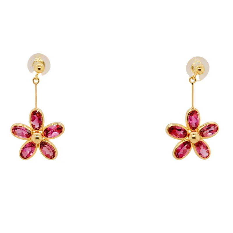 Drop Earrings with Symbolic Elements -18K Gold Pink Tourmaline Flower Drop Earrings