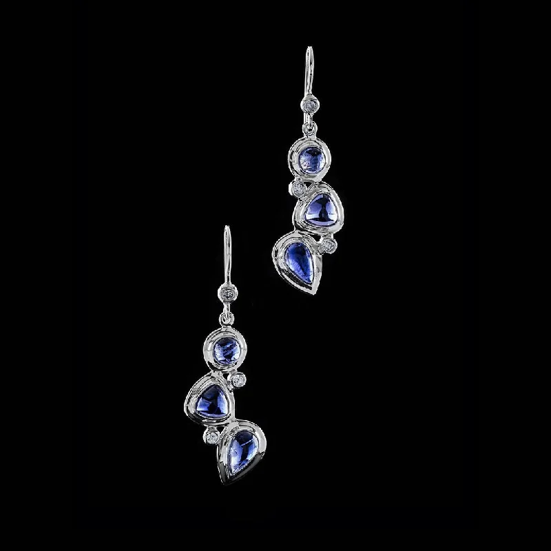 Indian Drop Earrings with Intricacy -Iolite & Diamond Sterling Drop Earrings, Mosaic 3 Stone